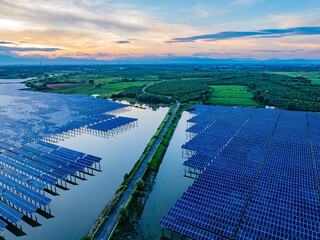Photovoltaic panels overhead at sunset