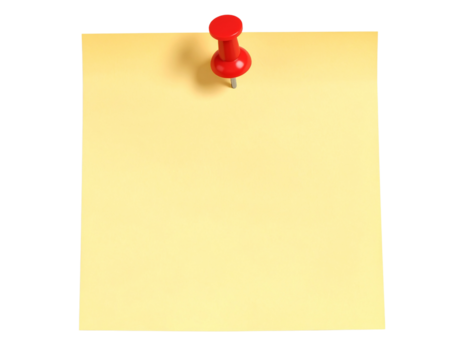 Yellow sticky post-it note with red pushpin isolated on transparent background