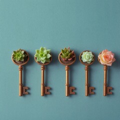 A row of vintage bronze keys, each holding a miniature succulent or rose, symbolizing unlocking new...