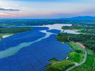 Photovoltaic panels overhead at sunset