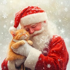 Santa Claus Holding a Cute Ginger Cat in Winter Wonderland