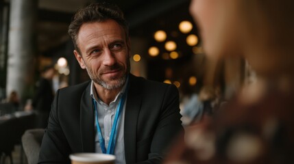 Confident businessman in a dark blazer engaged in a professional conversation over coffee at a networking event or conference, seated in a warmly lit modern lounge setting