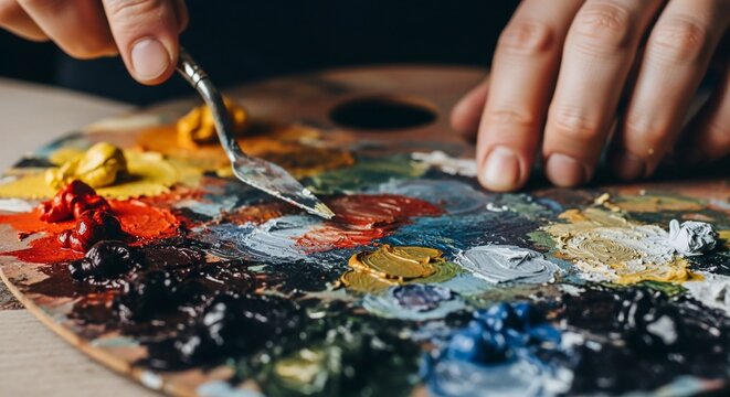 Artist's hands mixing vibrant oil paints on a wooden palette with a palette knife.