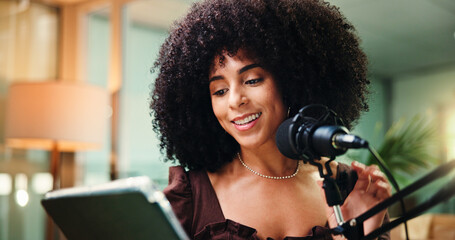 Internet, radio and woman with smile, tablet and information with research for talk show. Journalist, content creation and person with tech, connection and email with microphone, app and happiness