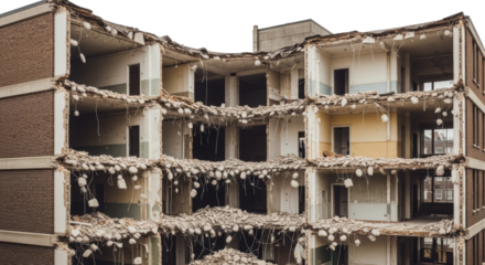 Demolished multi story brick building with exposed floors debris hanging and internal structures visible transparent background