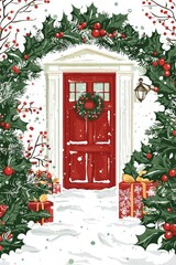 Festive Doorway with Mistletoe and Snowy Background