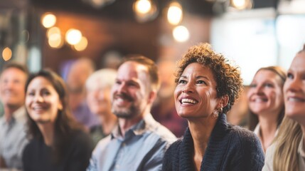Obraz premium Diverse group of smiling adults attentively watching a presentation or speaker in a warmly lit indoor venue, creating a friendly and atmosphere during a seminar, workshop, or casual conference event