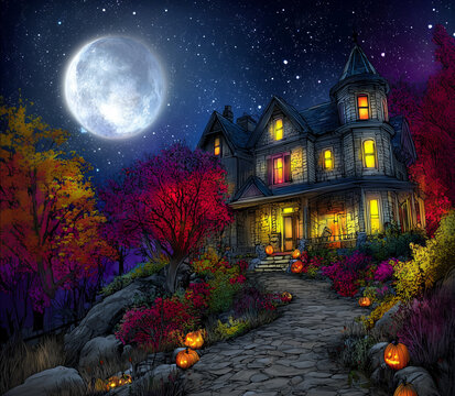 Spooky Halloween night with a glowing full moon, carved pumpkins, and a haunted Victorian house surrounded by vibrant autumn trees. Comic-style, colorful and atmospheric.