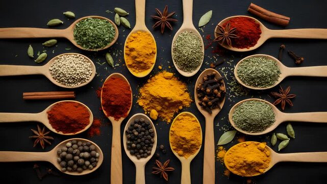 Assorted Spices in Wooden Spoons on Dark Surface in Flat Lay Arrangement with Variety Colors and Textures