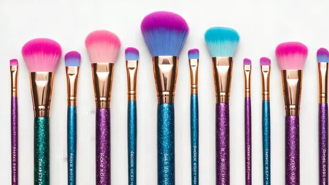 Assortment of Colorful Glitter Makeup Brushes for Eyes and Face on a White Surface