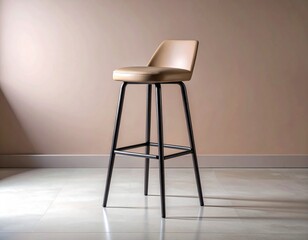A modern bar stool with a tan cushioned seat and black metal legs, placed against a neutral background.