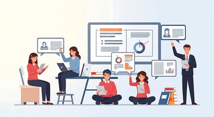 Diverse group of businesspeople collaborating in a modern office setting, using digital devices and communicating via speech bubbles.