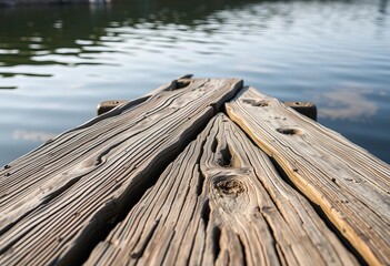 Weathered wooden dock planks extend over calm water, showing age and texture,  background,  sunset