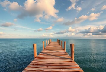 Fototapeta premium Weathered wooden pier extending into a calm sea, sky with clouds, sea, wood