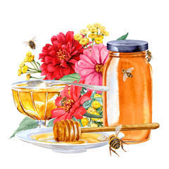 Hand-painted honey in a jar, in a cream bowl, garden flowers nearby and bees around