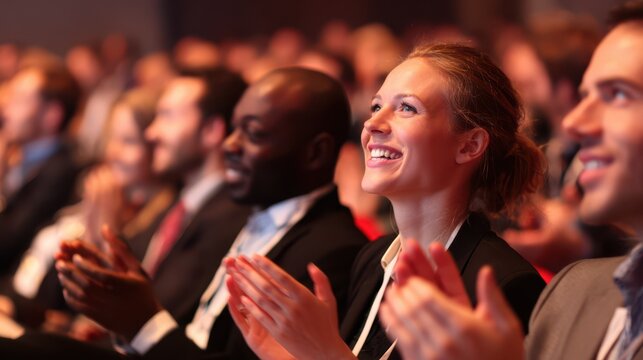 Smiling professionals enthusiastically applauding during a business conference or keynote presentation, seated in a well-lit auditorium with a diverse audience engaged in the inspiring event