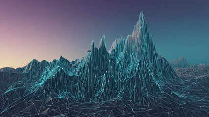 Wireframe Mountain Range with Glitching Textures and Shifting Color Gradients in Digital Art

