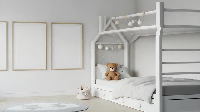 Bright Children's Room with White Wall Frames Bed and Cozy Decor Elements