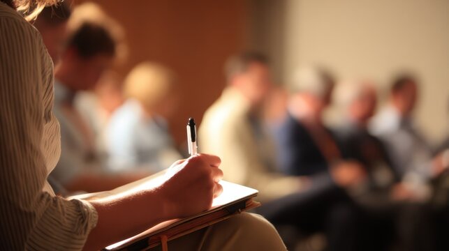 Focused individual taking notes with a pen on a clipboard during a seminar or business conference, with a blurred row of seated attendees in the background under warm, professional lighting