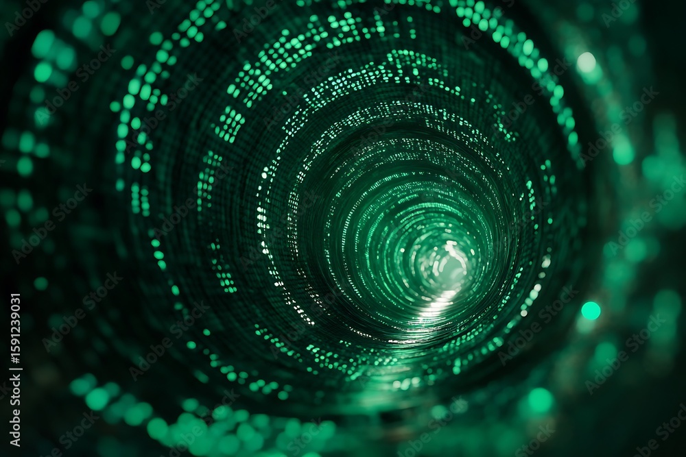 Poster a glowing digital tunnel made of flowing green binary code spirals endlessly into a dark void, illum
