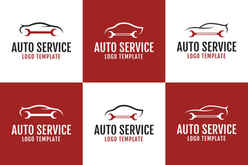 Set collection of auto service logo with car and wrench combination vector illustration