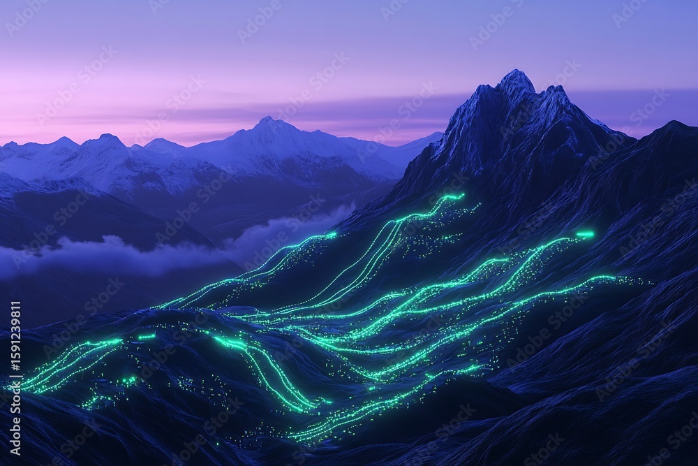 Poster cobalt circuit mountains illuminated by streaming green power conduits in a digital dusk -