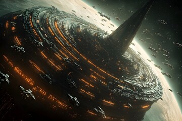 Stunning views of outer space, featuring enormous planets, megastructures, dark surfaces adorned with intricate, glowing circuits and technological details seen in depth of field