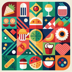Abstract geometric food in square tiles. Fruits and vegetables. Coffee wine cocktail burger pizza sushi muffin hot dog shrimp noodles racy vector set