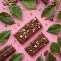 Dark and Milk Chocolate Bars with Green Leaves on Pink Background