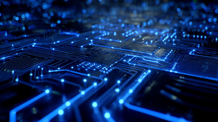 The intricate circuit design illuminated by blue lights creating a futuristic ambiance