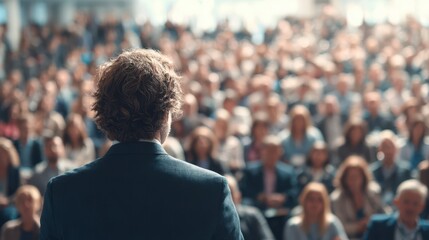 Confident male speaker addressing a large, attentive audience in a packed conference hall, viewed from behind the stage, with hundreds of seated attendees engaged in a professional seminar