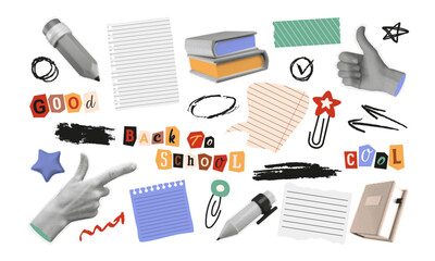 Collage school elements. Halftone hands, books, stationery supplies, notes, paper sheets, grunge graphics. Back to school stickers set. Doodle and textured marks. Vector illustration.