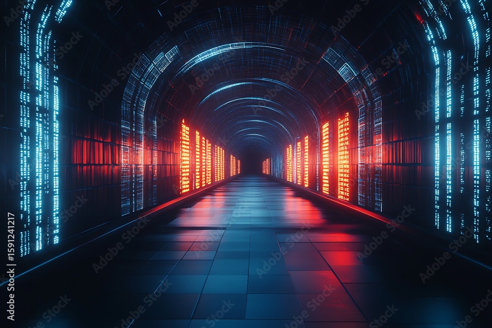 Poster digital tunnel with flowing binary code and pulsing lights