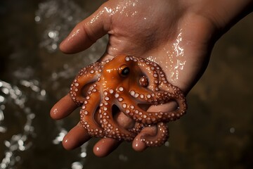 Fine art contemporary image of a hand holding a wet octopuss