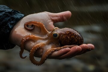 Fine art contemporary image of a hand holding a wet octopuss