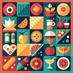 Abstract geometric food in square tiles. Fruits and vegetables. Coffee wine cocktail burger pizza sushi muffin hot dog shrimp noodles racy vector set