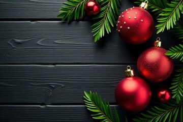 Overhead shot of elegant Christmas ornaments on dark wood , christmas tree, ornaments, decor