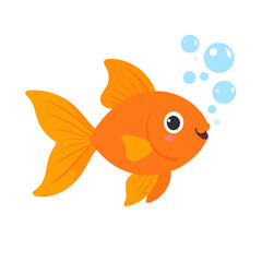 Cheerful orange cartoon goldfish with big eyes and flowing fins, blowing blue bubbles.