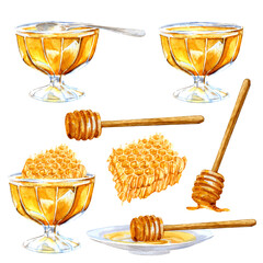 Watercolor Set with glass vase of honey, a spoon-spindle for honey and the honeycomb
