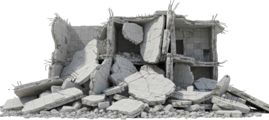 A pile of concrete debris and broken rebar from a collapsed building isolate