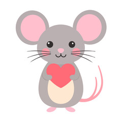 Adorable gray cartoon mouse with large pink ears and rosy cheeks, holding a red heart.