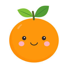 Obraz premium Adorable kawaii orange fruit character with a happy smiling face, rosy cheeks, and two green leaves.