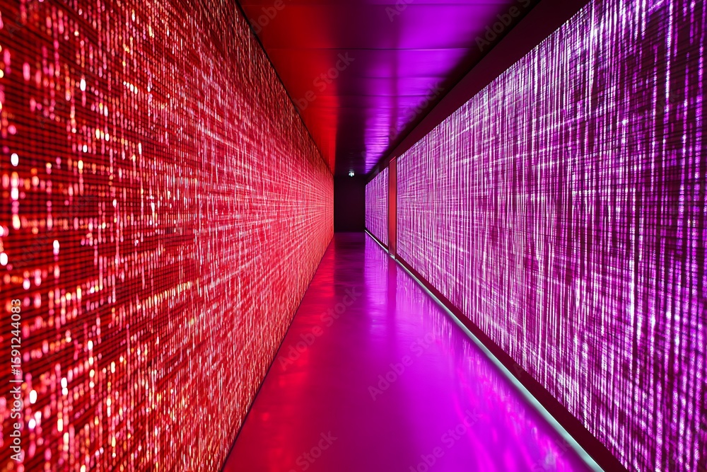 Poster endless corridor of holographic code, binary digits flowing like a river across neon-red walls and v