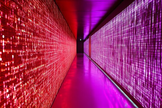 Endless corridor of holographic code, binary digits flowing like a river across neon-red walls and violet-lit floors