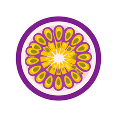 Vibrant passion fruit cross-section illustration with purple rind and yellow seed pulp.