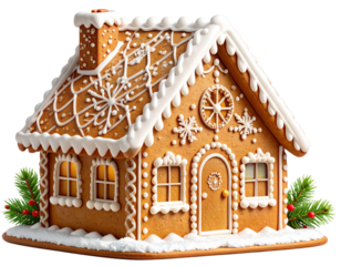 Gingerbread House Cookie with White Icing and Snowy Roof Isolated on Transparent Background PNG