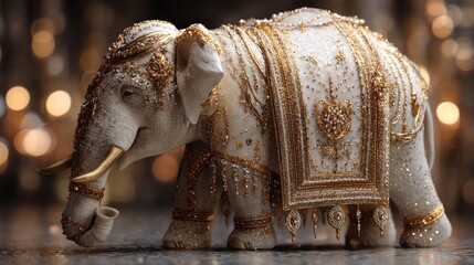 Ornate white elephant, adorned with gold and jewels