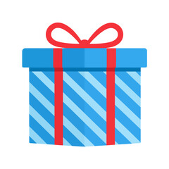 A blue gift box with diagonal stripes, wrapped with a bright red ribbon and a simple bow on top.