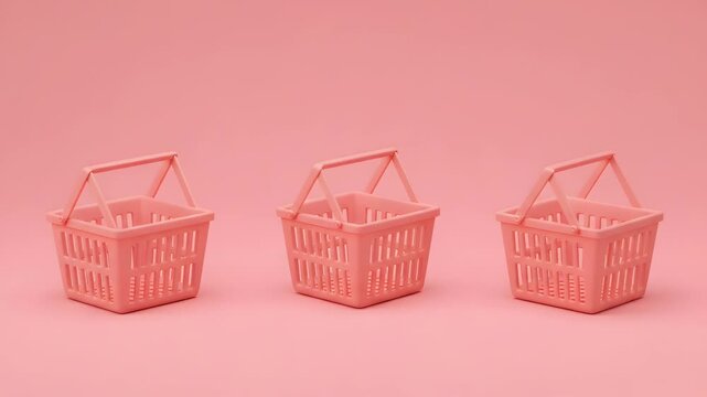 Three Miniature Pink Shopping Baskets Arranged in a Row on Pink Background for Adobe Stock Photo