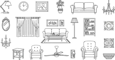 Vector art of a collection of outlined furniture and home decor items are displayed on a white background, showcasing a variety of interior design elements